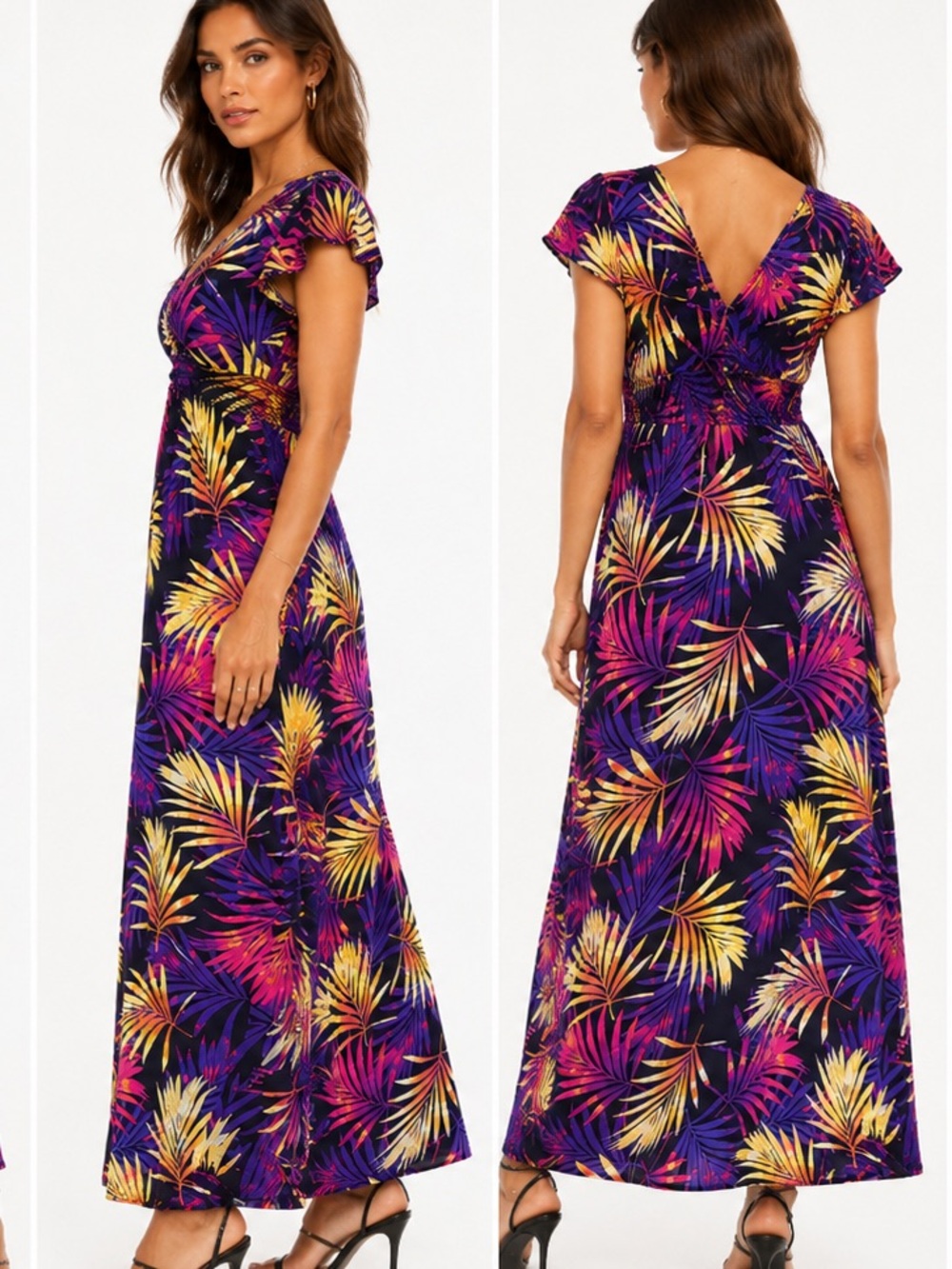 NWT Tropical Print V-Neck Maxi Dress in Black with Pink & Yellow Leaves - Picture 2 of 2